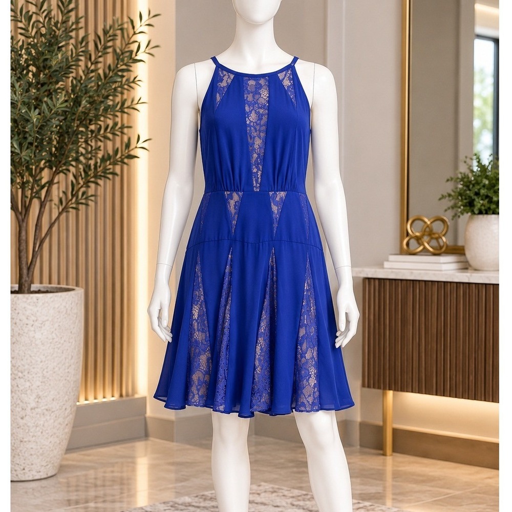 BCBGMAXAZRIA Womens Teena Dress Royal Blue Lace Panel Halter Mini Size 6